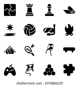 Solid vector icon set - puzzle vector, chess tower, pawn, mat, volleyball, diving, fire, tent, badminton, kite, skateboard, joystick, billiards balls