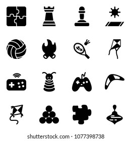 Solid vector icon set - puzzle vector, chess tower, pawn, mat, volleyball, fire, badminton, kite, joystick wireless, pyramid toy, boomerang, billiards balls, wirligig