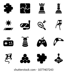 Solid vector icon set - puzzle vector, chess tower, queen, mat, diving, badminton, kite, joystick wireless, pyramid toy, boomerang, billiards balls, wirligig
