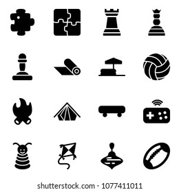 Solid vector icon set - puzzle vector, chess tower, queen, pawn, mat, inflatable pool, volleyball, fire, tent, skateboard, joystick wireless, pyramid toy, kite, wirligig, football