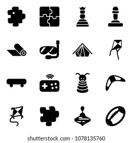 Solid vector icon set - puzzle vector, chess queen, pawn, mat, diving, tent, kite, skateboard, joystick wireless, pyramid toy, boomerang, wirligig, football