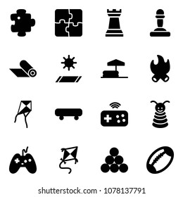 Solid vector icon set - puzzle vector, chess tower, pawn, mat, inflatable pool, fire, kite, skateboard, joystick wireless, pyramid toy, billiards balls, football