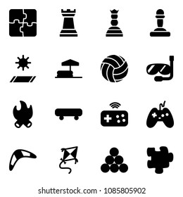 Solid vector icon set - puzzle vector, chess tower, queen, pawn, mat, inflatable pool, volleyball, diving, fire, skateboard, joystick wireless, boomerang, kite, billiards balls