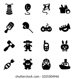 Solid vector icon set - pyramid toy vector, balloon smile, kite, shovel bucket, beanbag, horse stick, gamepad, horn, hammer, doll, phone, rabbit, dart, monster, russian, boat