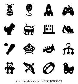 Solid vector icon set - pyramid toy vector, balloon smile, rocket, joystick, dinosaur, drum, abacus, excavator, baseball bat, ufo, horn, baby carousel, bear, bow, football, duck