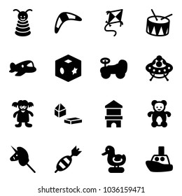 Solid vector icon set - pyramid toy vector, boomerang, kite, drum, plane, cube, baby car, ufo, doll, constructor blocks, block house, bear, unicorn stick, dart, duck, boat