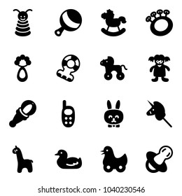 Solid vector icon set - pyramid toy vector, beanbag, rocking horse, teethers, wheel, doll, phone, rabbit, unicorn stick, giraffe, duck, soother