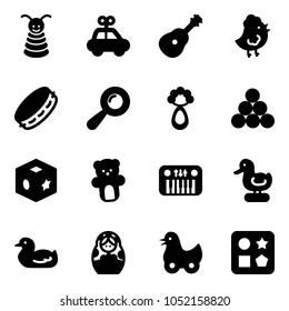 Solid vector icon set - pyramid toy vector, car, guitar, chicken, tambourine, beanbag, billiards balls, cube, bear, piano, duck, russian doll, hole