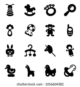 Solid vector icon set - pyramid toy vector, rocking horse, beanbag, teethers, doll, phone, rabbit, baby carousel, unicorn stick, duck, giraffe, soother