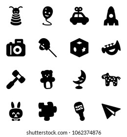 Solid vector icon set - pyramid toy vector, balloon smile, car, rocket, camera, horse stick, cube, horn, hammer, bear, moon lamp, rabbit, puzzle, beanbag, paper plane