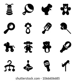 Solid vector icon set - pyramid toy vector, beanbag, dinosaur, bear, horse stick, wheel, doll, baby carousel, wirligig, windmill