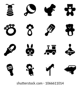 Solid Vector Icon Set - Pyramid Toy Vector, Beanbag, Dinosaur, Bear, Rabbit, Train, Wirligig, Doll, Windmill, Water Gun