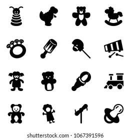 Solid vector icon set - pyramid toy vector, dinosaur, bear, rocking horse, beanbag, stick, xylophone, doll, train, windmill, soother