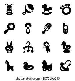 Solid vector icon set - pyramid toy vector, beanbag, rocking horse, phone, rabbit, baby carousel, doll, duck, giraffe, soother