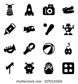 Solid vector icon set - pyramid toy vector, rocket, camera, crocodile, marker, plane, baseball bat, robot, horn, beanbag, beach ball, yoyo, windmill, monster, russian doll, cube hole