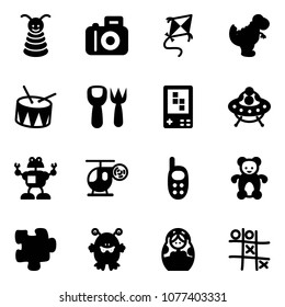Solid vector icon set - pyramid toy vector, camera, kite, dinosaur, drum, shovel fork, game console, ufo, robot, helicopter, phone, bear, puzzle, monster, russian doll, Tic tac toe