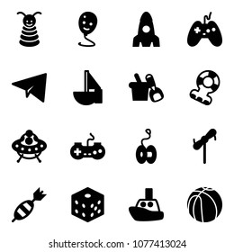 Solid vector icon set - pyramid toy vector, balloon smile, rocket, joystick, paper plane, sailboat, shovel bucket, teethers, ufo, gamepad, yoyo, windmill, dart, bones, boat, basketball
