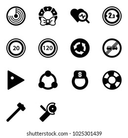Solid vector icon set - radar vector, christmas wreath, heart diagnosis, limited width road sign, speed limit 20, 120, circle, end overtake, play, community, finger ring, lifebuoy, sledgehammer