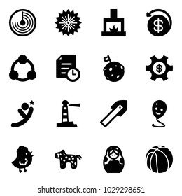 Solid vector icon set - radar vector, firework, fireplace, money back, social, history, moon flag, managemet, flying man, lighthouse, tile drill, balloon smile, chicken toy, horse, russian doll