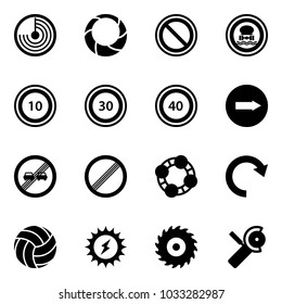 Solid vector icon set - radar vector, christmas wreath, prohibition road sign, no dangerous cargo, speed limit 10, 30, 40, only right, end overtake, friends, redo, volleyball, sun power, saw disk