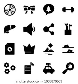Solid vector icon set - radar vector, bow, merry christmas message, barbell, liver, low volume, share, win, certificate, crown, pyramid, flip flops, flower, server wireless, car toy, beanbag