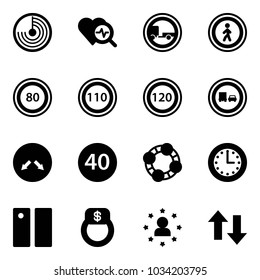Solid vector icon set - radar vector, heart diagnosis, no trailer road sign, pedestrian, speed limit 80, 110, 120, truck overtake, detour, minimal, friends, time, pause, finger ring, star man