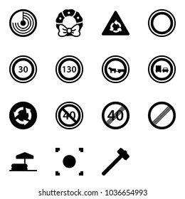 Solid vector icon set - radar vector, christmas wreath, round motion road sign, prohibition, speed limit 30, 130, no cart horse, truck overtake, circle, end minimal, inflatable pool, record button