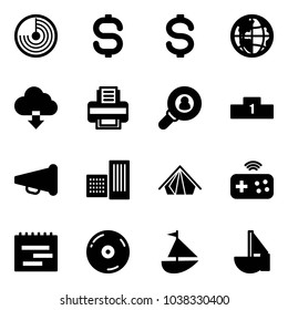 Solid vector icon set - radar vector, dollar sign, globe, download cloud, printer, head hunter, pedestal, speaker horn, building, tent, joystick wireless, terms plan, cd, sailboat toy