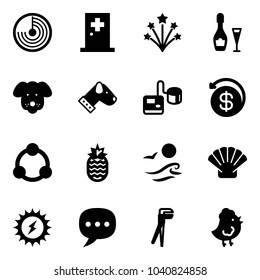 Solid vector icon set - radar vector, first aid room, firework, wine, dog, tonometer, money back, community, pineapple, waves, shell, sun power, chat, plumber, chicken toy