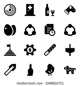 Solid vector icon set - radar vector, first aid room, wine, dog, eggs, social, history, community, pyramid flag, money managemet, drill, crown, tile, brush, chicken toy, horse