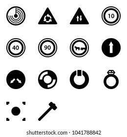 Solid vector icon set - radar vector, round motion road sign, oncoming traffic, speed limit 10, 40, 90, no cart horse, only forward, detour, lifebuoy, standby, diamond ring, record button