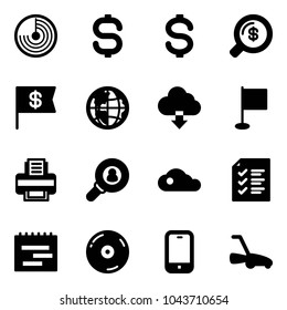 Solid vector icon set - radar vector, dollar sign, money search, flag, globe, download cloud, printer, head hunter, list, terms plan, cd, mobile phone, lawn mower