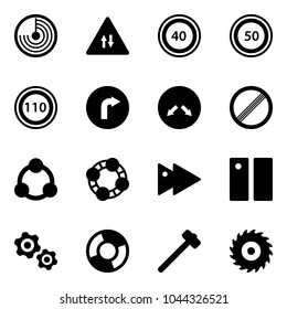 Solid vector icon set - radar vector, oncoming traffic road sign, speed limit 40, 50, 110, only right, detour, no, social, friends, fast forward, pause, gears, circle chart, sledgehammer, saw disk