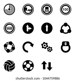 Solid vector icon set - radar vector, no trailer road sign, dangerous cargo, speed limit 100, customs, only forward right, social, friends, redo, gears, finger ring, volleyball, lifebuoy