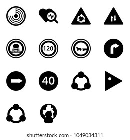 Solid vector icon set - radar vector, heart diagnosis, round motion road sign, oncoming traffic, no dangerous cargo, speed limit 120, cart horse, only right, minimal, social, play, community