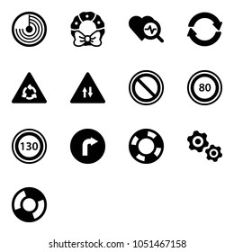 Solid vector icon set - radar vector, christmas wreath, heart diagnosis, exchange, round motion road sign, oncoming traffic, prohibition, speed limit 80, 130, only right, lifebuoy, gears