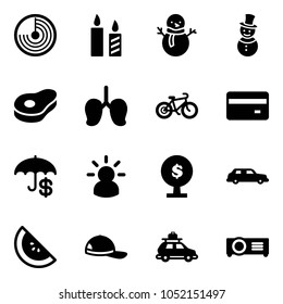 Solid vector icon set - radar vector, candle, snowman, meat, lungs, bike, credit card, insurance, idea, money tree, limousine, watermelone, cap, car baggage, projector