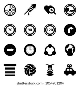 Solid vector icon set - radar vector, firework rocket, heart diagnosis, no trailer road sign, speed limit 70, 90, 120, only right, time, community, man globe, jalousie, volleyball, pyramid toy, car