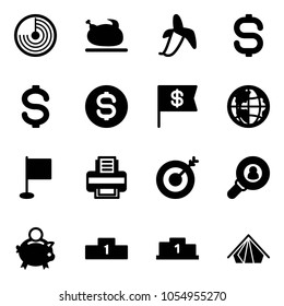 Solid vector icon set - radar vector, turkey, banana, dollar sign, coin, flag, globe, printer, target, head hunter, piggy bank, pedestal, tent