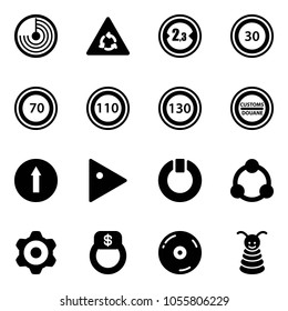 Solid vector icon set - radar vector, round motion road sign, limited width, speed limit 30, 70, 110, 130, customs, only forward, play, standby, community, gear, finger ring, cd, pyramid toy