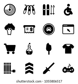 Solid vector icon set - radar vector, garland, ski, disabled, broccoli, receipt, no car road sign, cursor browser, cart, round flask, ice cream, t shirt, sun panel, chevron, clinch, gamepad
