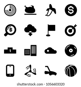 Solid vector icon set - radar vector, turkey, banana, dollar coin, money search, download cloud, flag, target, pedestal, building, cd, mobile phone, wind mill, lawn mower, basketball