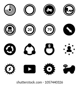 Solid vector icon set - radar vector, prohibition road sign, no moto, trailer, dangerous cargo, speed limit 20, 70, detour, circle, community, finger ring, star man, sun power, playback, saw disk