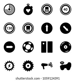 Solid vector icon set - radar vector, stopwatch heart, no dangerous cargo road sign, speed limit 40, 130, only forward, detour, right, lifebuoy, pause, cd, sun power, saw disk, dryer, baby car