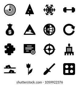 Solid vector icon set - radar vector, christmas tree, snowflake, barbell, money bag, steep roadside road sign, globe, reload, puzzle, certificate, target, bank building, flip flops, tulip, clinch