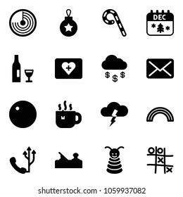 Solid vector icon set - radar vector, christmas ball, lollipop, calendar, wine, first aid kit, money rain, mail, record, hot tea, storm, rainbow, phone, jointer, pyramid toy, Tic tac toe