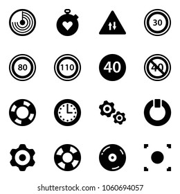 Solid vector icon set - radar vector, stopwatch heart, oncoming traffic road sign, speed limit 30, 80, 110, minimal, end, lifebuoy, time, gears, standby, gear, cd, record button