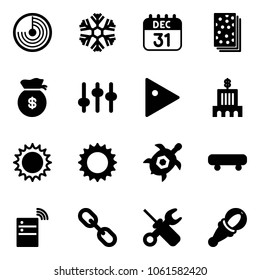 Solid vector icon set - radar vector, snowflake, 31 dec calendar, breads, money bag, settings, play, bank building, sun, sea turtle, skateboard, server wireless, link, wrench screwdriver, beanbag