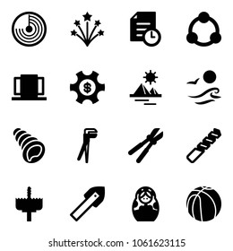 Solid vector icon set - radar vector, firework, history, community, doors, money managemet, pyramid, waves, shell, plumber, bolt cutter, drill, crown, tile, russian doll, basketball