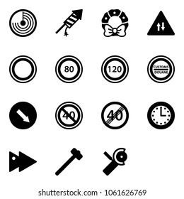 Solid vector icon set - radar vector, firework rocket, christmas wreath, oncoming traffic road sign, prohibition, speed limit 80, 120, customs, detour, end minimal, time, fast forward, sledgehammer